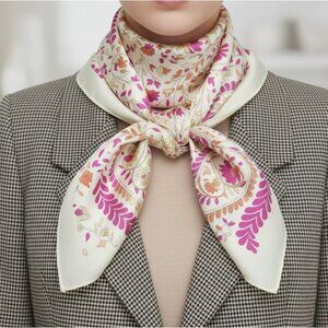 ✨ Elegant Bandana Square Scarf Silky Satin Beige Pink  Floral Paisley Versatile